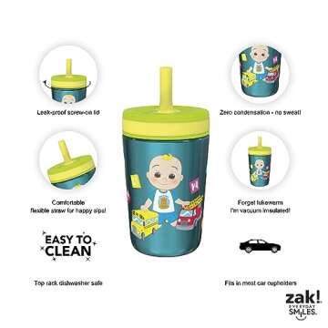 Zak Designs CoComelon Kelso Tumbler Set, Leak-Proof Screw-On Lid with Straw, Bundle for Kids Includes Plastic and Stainless Steel Cups with Bonus Sipper (3pc Set, Non-BPA), 15 fluid ounces