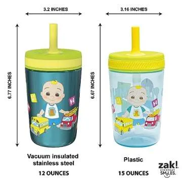 Zak Designs CoComelon Kelso Tumbler Set, Leak-Proof Screw-On Lid with Straw, Bundle for Kids Includes Plastic and Stainless Steel Cups with Bonus Sipper (3pc Set, Non-BPA), 15 fluid ounces