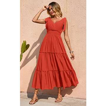 PRETTYGARDEN Women's Cross Neck Summer Sleeveless Tiered Maxi Dress Beach Tie Strap Smocked Long Dresses 2023 Pleated Sundress (Orange,Medium)