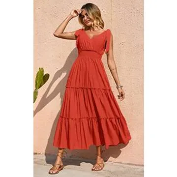 PRETTYGARDEN Women's Cross Neck Summer Sleeveless Tiered Maxi Dress Beach Tie Strap Smocked Long Dresses 2023 Pleated Sundress (Orange,Medium)