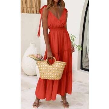 PRETTYGARDEN Women's Cross Neck Summer Sleeveless Tiered Maxi Dress Beach Tie Strap Smocked Long Dresses 2023 Pleated Sundress (Orange,Medium)