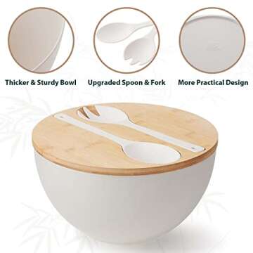 ECOHAGOU 11.3" Extra Large Salad Serving Bowl Set with Wooden Lid&Utensils, 6.5Qt., Bamboo Fiber Sal...
