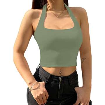 REORIA Women's Summer Sexy Halter Neck Backless Double Lined Seamless Sleeveless Y2K Fitted Cropped Tank Yoga Crop Tops for Teen Girls Dark Green Small