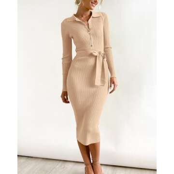 BTFBM 2024 Women V Neck Long Sleeve Bodycon Sweater Dress Button Up Tie Waist Ribbed Knit Midi Pencil Dresses with Belt(Solid Beige, Small)
