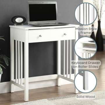 Convenience Concepts Designs2Go Mission Desk 26" - Contemporary Modern Office, Den Desk with Keyboard Drawer, Modern Vanity, Hall Table, White