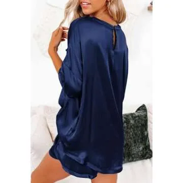 Ekouaer Satin Pajamas for Women Short Sleeve Silk Pajama Sets Soft Sleepwear Top with Causal Pj Shorts Navy Blue