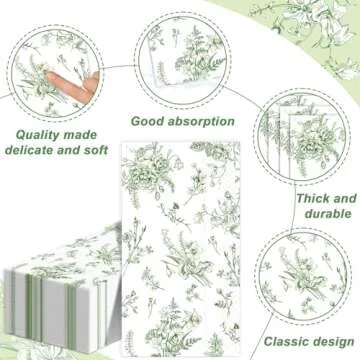50 Pcs Green Floral Guest Napkins Greenery Floral Party Supplies Sage Green Floral Hand Towel Green Flower Dinner Luncheon Napkins Party Decor for Spring Summer Birthday Baby Shower Bathroom Favor