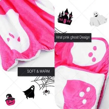 2024 Halloween Viral Pink Ghost Blanket Flannel Reversible Super Soft for All Seasons Blankets Kawaii Plush Cute Throw Blanket for Bedroom Bed Living Room Sofa Couch 40"x50"