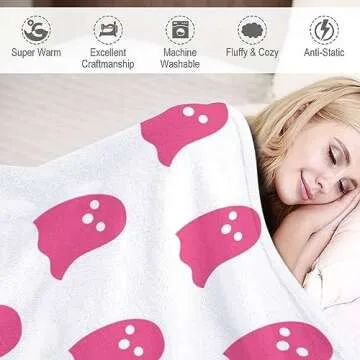 2024 Halloween Viral Pink Ghost Blanket Flannel Reversible Super Soft for All Seasons Blankets Kawaii Plush Cute Throw Blanket for Bedroom Bed Living Room Sofa Couch 40"x50"