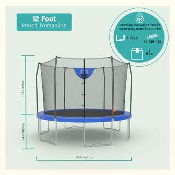 Skywalker Trampoline Outdoor Jump N' Dunk 8 FT, 12 FT, 15 FT, Round Outdoor Trampoline with Net, Trampoline Mat, and Basketball Hoop for Trampoline, ASTM Approval, 800 LBS Weight Capacity - Blue