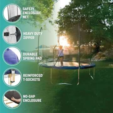 Skywalker Trampoline Outdoor Jump N' Dunk 8 FT, 12 FT, 15 FT, Round Outdoor Trampoline with Net, Trampoline Mat, and Basketball Hoop for Trampoline, ASTM Approval, 800 LBS Weight Capacity - Blue