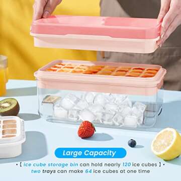 PHINOX Ice Cube Tray with Lid and Bin, Ice Trays for Freezer, Flexible Ice Cube Trays, Making 64 pcs Ice Cubes, Chilling Cocktail, Whiskey, Coffee, with 2 trays, Ice Container, Scoop&Cover, BPA Free