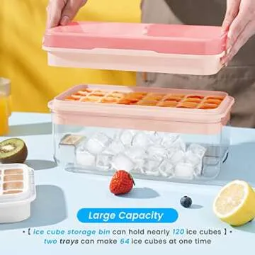 PHINOX Ice Cube Tray with Lid and Bin, Ice Trays for Freezer, Flexible Ice Cube Trays, Making 64 pcs Ice Cubes, Chilling Cocktail, Whiskey, Coffee, with 2 trays, Ice Container, Scoop&Cover, BPA Free