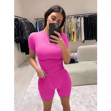 AYWA Two Piece Outfits for Women Fitted Crew Neck T-shirt High Waist Leggings Biker Shorts Matching Sets Streetwear (Fuchsia-shorts, Small)