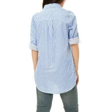 Allegra K Women's Striped Blouse Button Down Roll-up Long Sleeves Point Collar Shirt X-Small Light Blue