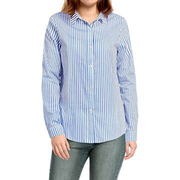 Allegra K Women's Striped Blouse Button Down Roll-up Long Sleeves Point Collar Shirt X-Small Light Blue