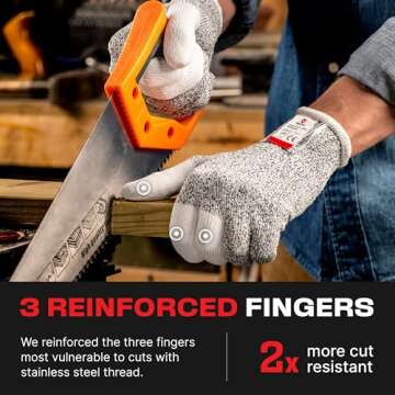 NoCry Cut Resistant Work Gloves for Women and Men, with Reinforced Fingers; Comfortable, 100% Food G...