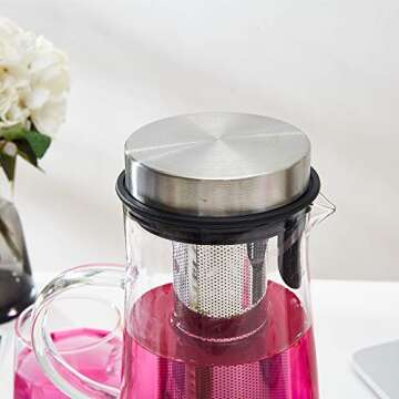 Karafu Glass Pitcher with Lid & Infuser, 60 Oz Thicker Carafe with Stainless Steel Infuser & High Heat Resistance, Glass Jug for Fridge, Hot/Cold Water, Infused Fruit Tea & Juice Beverage