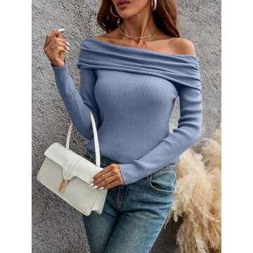TAKEYAL Off The Shoulder Tops for Women Slim Fit Sweater Blouse Spring Fall Blouse Going Out Nightout Knit Shirts (Blue, XL)