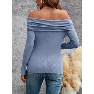TAKEYAL Off The Shoulder Tops for Women Slim Fit Sweater Blouse Spring Fall Blouse Going Out Nightout Knit Shirts (Blue, XL)