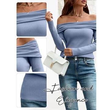 TAKEYAL Off The Shoulder Tops for Women Slim Fit Sweater Blouse Spring Fall Blouse Going Out Nightout Knit Shirts (Blue, XL)