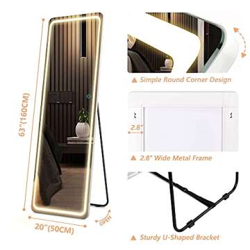 LVSOMT Full Length Mirror with Lights, 63" X 20" LED Full Body Mirror, Floor Standing Lighted Mirror, Wall Mounted Mirror w/Dimming & 3 Color Lighting for Bedroom, Living Room, (White)