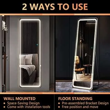 LVSOMT Full Length Mirror with Lights, 63" X 20" LED Full Body Mirror, Floor Standing Lighted Mirror, Wall Mounted Mirror w/Dimming & 3 Color Lighting for Bedroom, Living Room, (White)