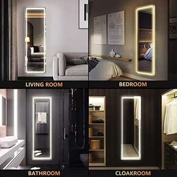 LVSOMT Full Length Mirror with Lights, 63" X 20" LED Full Body Mirror, Floor Standing Lighted Mirror, Wall Mounted Mirror w/Dimming & 3 Color Lighting for Bedroom, Living Room, (White)