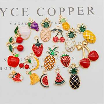 Julie Wang 60pcs Enamel Charms for Necklace Bracelet Earring Jewelry Making Mixed Fruits Pineapple Cherry Apple Banana Watermelon Grape Pendants Crafts DIY