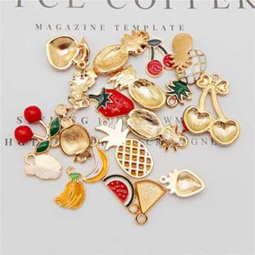 Julie Wang 60pcs Enamel Charms for Necklace Bracelet Earring Jewelry Making Mixed Fruits Pineapple Cherry Apple Banana Watermelon Grape Pendants Crafts DIY