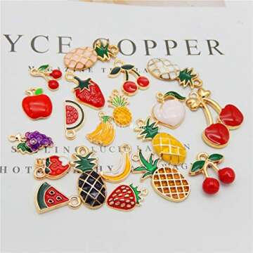 Julie Wang 60pcs Enamel Charms for Necklace Bracelet Earring Jewelry Making Mixed Fruits Pineapple Cherry Apple Banana Watermelon Grape Pendants Crafts DIY