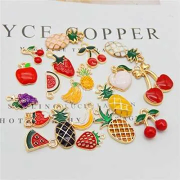 Julie Wang 60pcs Enamel Charms for Necklace Bracelet Earring Jewelry Making Mixed Fruits Pineapple Cherry Apple Banana Watermelon Grape Pendants Crafts DIY