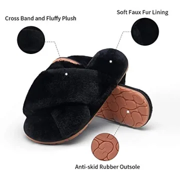 Vepose Women's Plush Furry Open Toe Cross Band Slippers