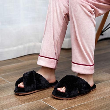 Vepose Women's Plush Furry Open Toe Cross Band Slippers