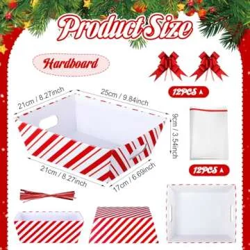 Wonderjune 12 Pcs Christmas Basket for Gifts Empty Set 9.8 x 8.3'' Large Empty Gifts Baskets to Fill,Red Candy Stripe Cardboard with Handles Bows Plastic Bags for Xmas Party Holiday Decor