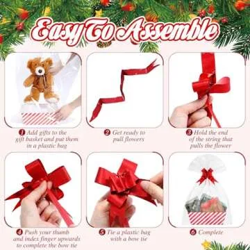 Wonderjune 12 Pcs Christmas Basket for Gifts Empty Set 9.8 x 8.3'' Large Empty Gifts Baskets to Fill,Red Candy Stripe Cardboard with Handles Bows Plastic Bags for Xmas Party Holiday Decor