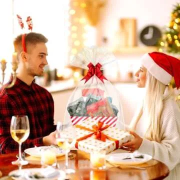 Wonderjune 12 Pcs Christmas Basket for Gifts Empty Set 9.8 x 8.3'' Large Empty Gifts Baskets to Fill,Red Candy Stripe Cardboard with Handles Bows Plastic Bags for Xmas Party Holiday Decor