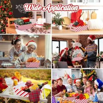 Wonderjune 12 Pcs Christmas Basket for Gifts Empty Set 9.8 x 8.3'' Large Empty Gifts Baskets to Fill,Red Candy Stripe Cardboard with Handles Bows Plastic Bags for Xmas Party Holiday Decor