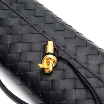 FOTN Women's Clutch Purse Handmade Woven Crossbody Bag Leather Evening Handbag Fashion Shoulder Bag (Black)