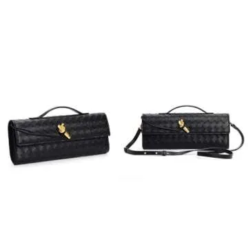 FOTN Women's Clutch Purse Handmade Woven Crossbody Bag Leather Evening Handbag Fashion Shoulder Bag (Black)