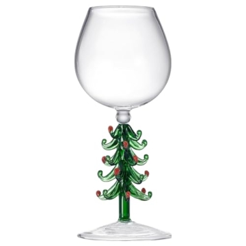 Crystal Christmas Holiday Tree Stemmed Wine Glass - Green - 10 oz Goblet Bordeaux Red & Forest Colored Glassware, Cheerful Party Festive New Years Cheer for Holiday Gift Xmas & Winter Season - 1 Set