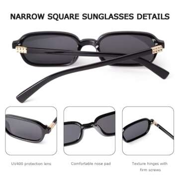 JUDOO Retro Rectangle Sunglasses for Women Men Trendy Black Rectangular Sunglasses 90s Chic Square Sunnies Cute Sun Glasses (Black Frame/Grey Lens)