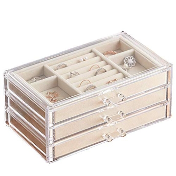 HerFav Acrylic Jewelry Organizer Box with 3 Drawers - Elegant Storage for Rings, Earrings & Necklace...