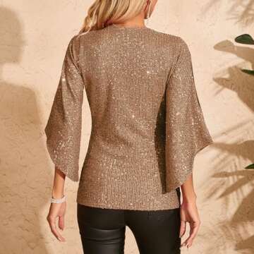 Womens Sequin Top 3/4 Sleeve Sparkly Shirt Glitter V-Neck Dressy Blouse for Evening Party Night Champagne