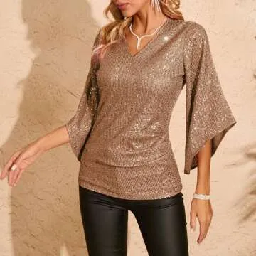 Womens Sequin Top 3/4 Sleeve Sparkly Shirt Glitter V-Neck Dressy Blouse for Evening Party Night Champagne