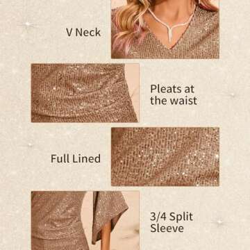 Womens Sequin Top 3/4 Sleeve Sparkly Shirt Glitter V-Neck Dressy Blouse for Evening Party Night Champagne