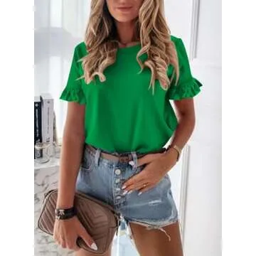 PRETTYGARDEN Women's Short Sleeve Casual T Shirts Summer Ruffle Plain Round Neck Loose Fit Tee Blouse Tops Grass Green