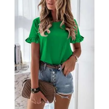 PRETTYGARDEN Women's Short Sleeve Casual T Shirts Summer Ruffle Plain Round Neck Loose Fit Tee Blouse Tops Grass Green