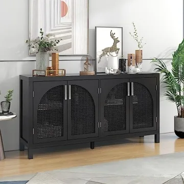VilroCaz Modern Large Storage Space Kitchen Buffet Sideboard with Rattan Door and Adjustable Height ...