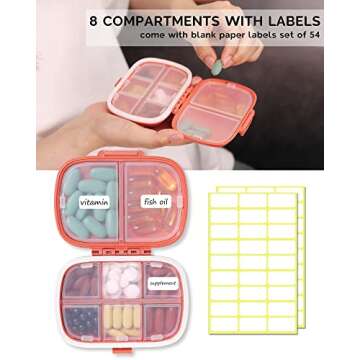 MEACOLIA 3 Pack 8 Compartments Travel Pill Organizer, Daily Pill Case Small Pill Box for Pocket Purse, Portable Pill Container Medicine Vitamin Organizer (Red, Yellow, Dark Blue)
